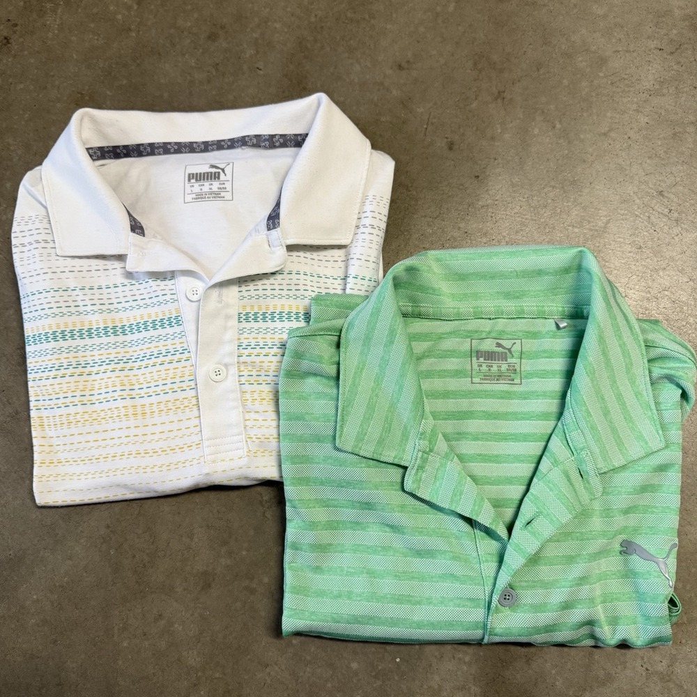 PUMA Lot Of 2 Golf Polo Shirt Mens Large Green White Striped Performance